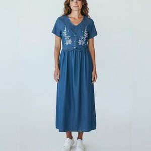 Vtg Embroidered Maxi Cotton Denim Dress Sz 12 Demure Modest Vest Tie Back Corral